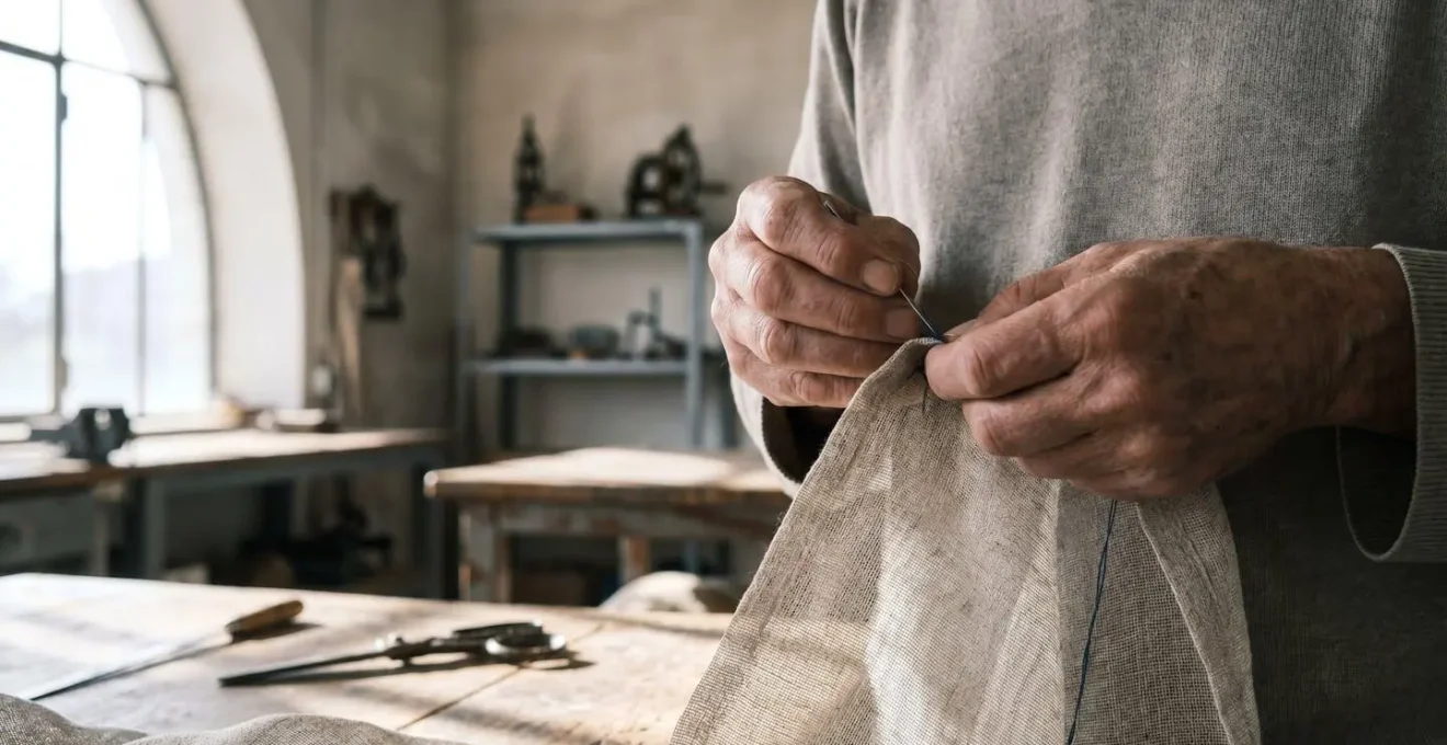 Mains qualifiées réalisant une finition de couture artisanale sur une pièce de maille