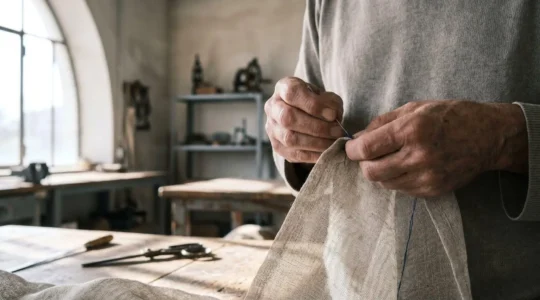 Mains qualifiées réalisant une finition de couture artisanale sur une pièce de maille
