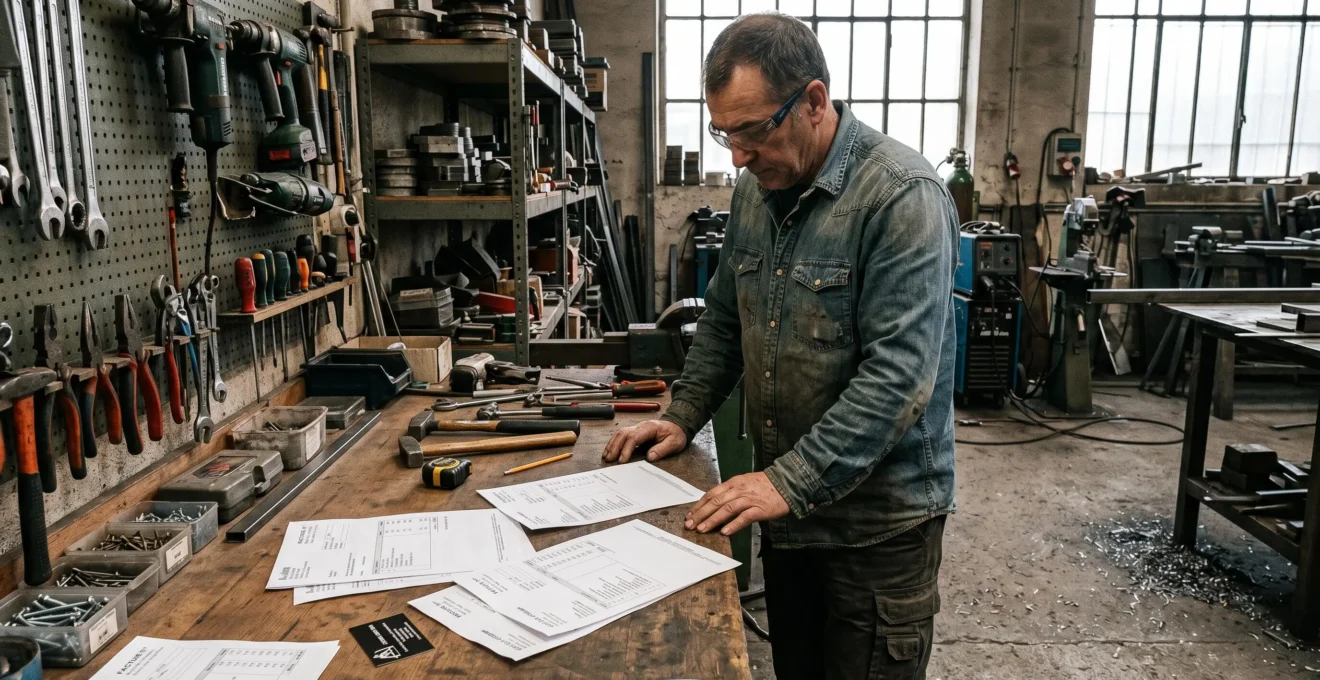 Artisan dans son atelier consultant des documents administratifs et factures sur son établi de travail