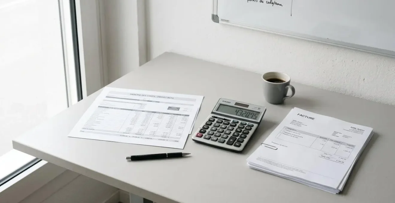 Bureau avec calculatrice et documents financiers pour analyse de coûts d'envois recommandés
