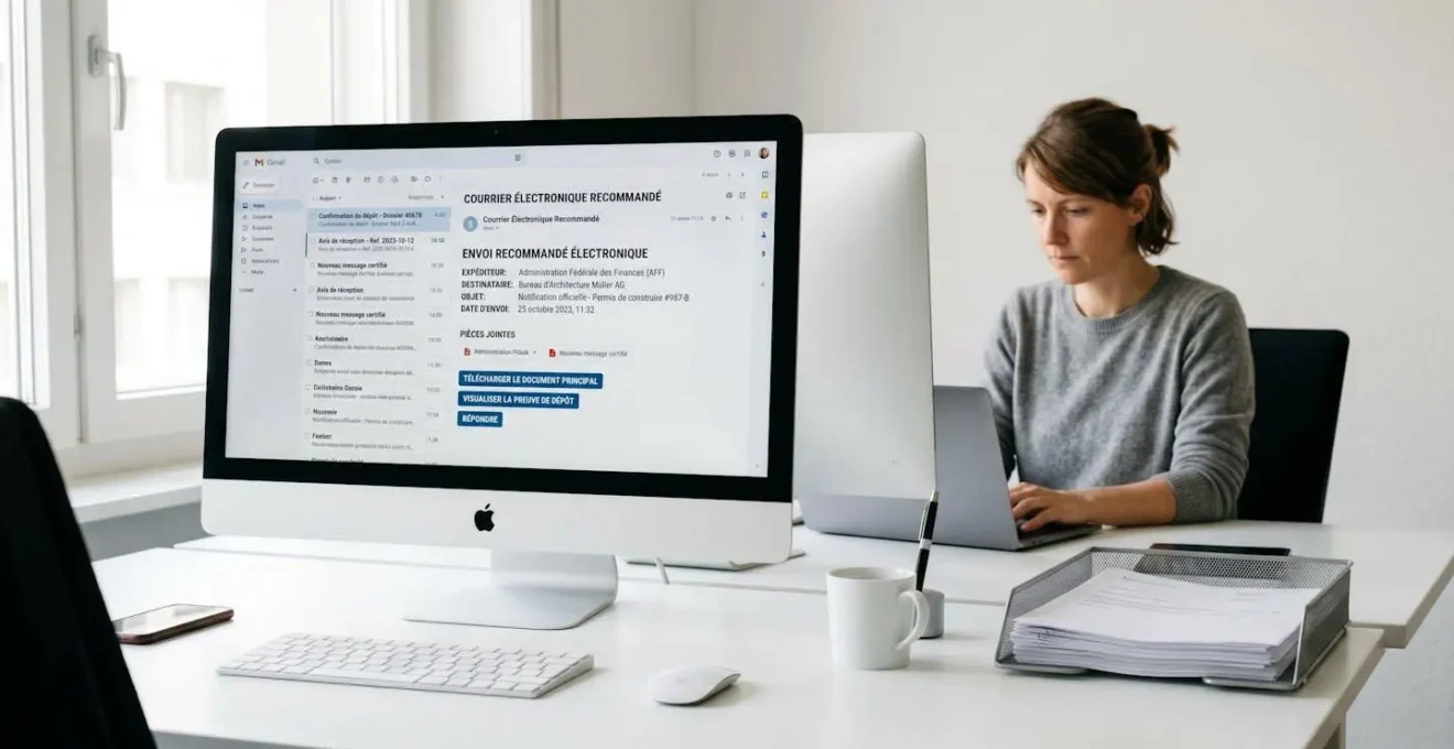 Bureau moderne avec écran d'ordinateur affichant une interface d'envoi de recommandé électronique, une professionnelle travaillant en arrière-plan