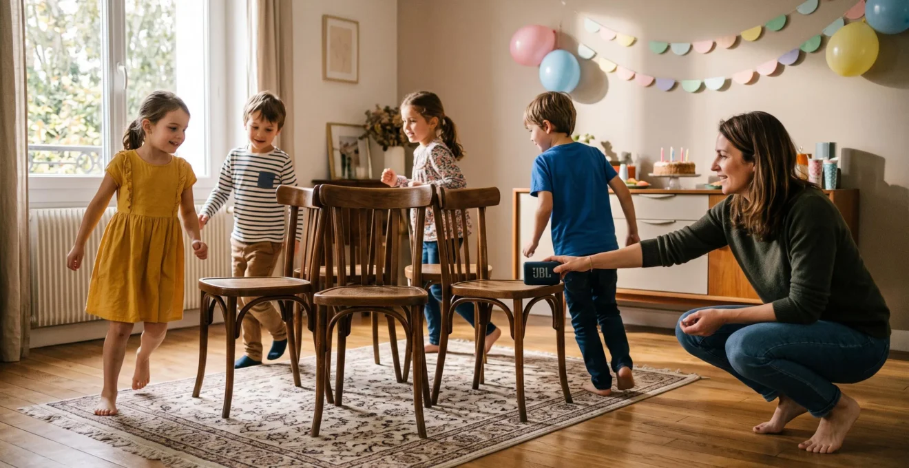 Des enfants jouent aux chaises musicales dans un salon pendant un anniversaire, un parent près d'une enceinte.