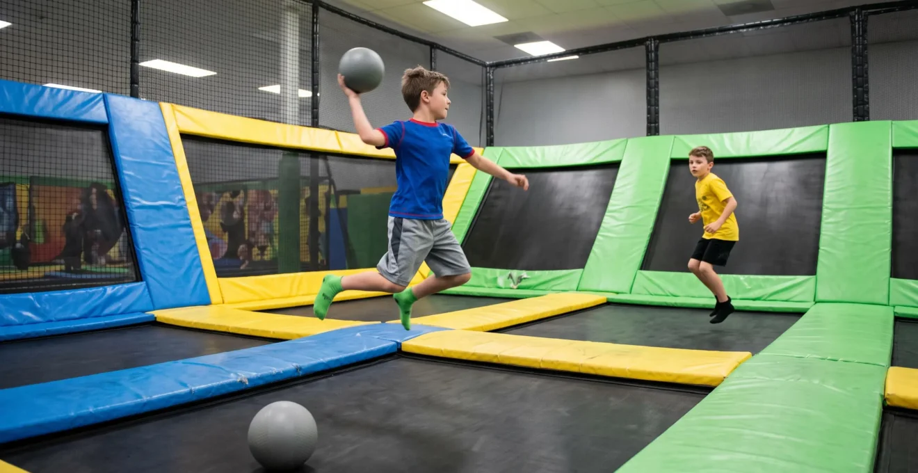 Deux enfants jouent au dodgeball sur des trampolines dans une zone d'activités d'un parc indoor.