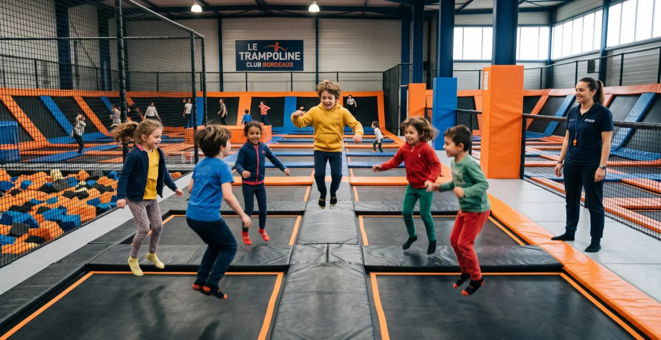 Des enfants sautent sur les trampolines d'un parc indoor pendant un anniversaire, sous la surveillance d'un adulte.
