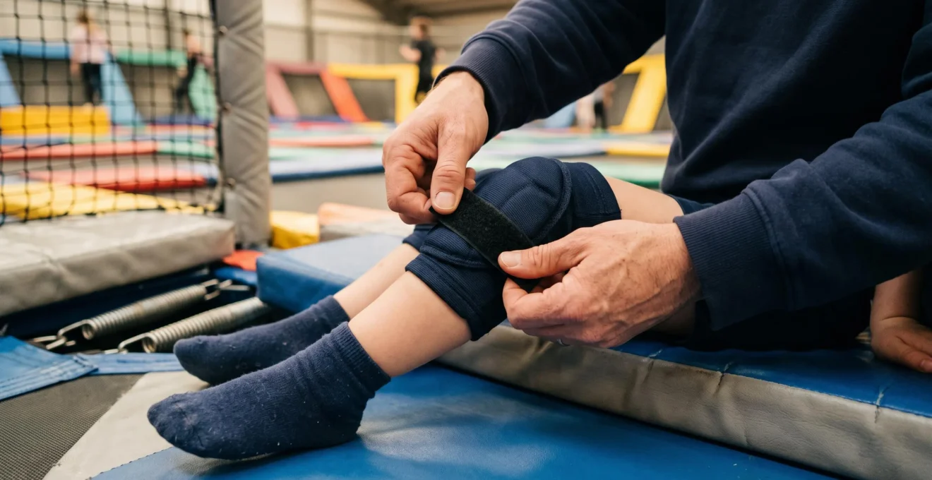 Un parent ajuste une protection souple sur le genou d'un enfant assis au bord d'un trampoline.