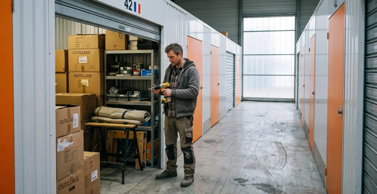 Un artisan vérifie ses outils professionnels stockés dans une box de garde-meuble.