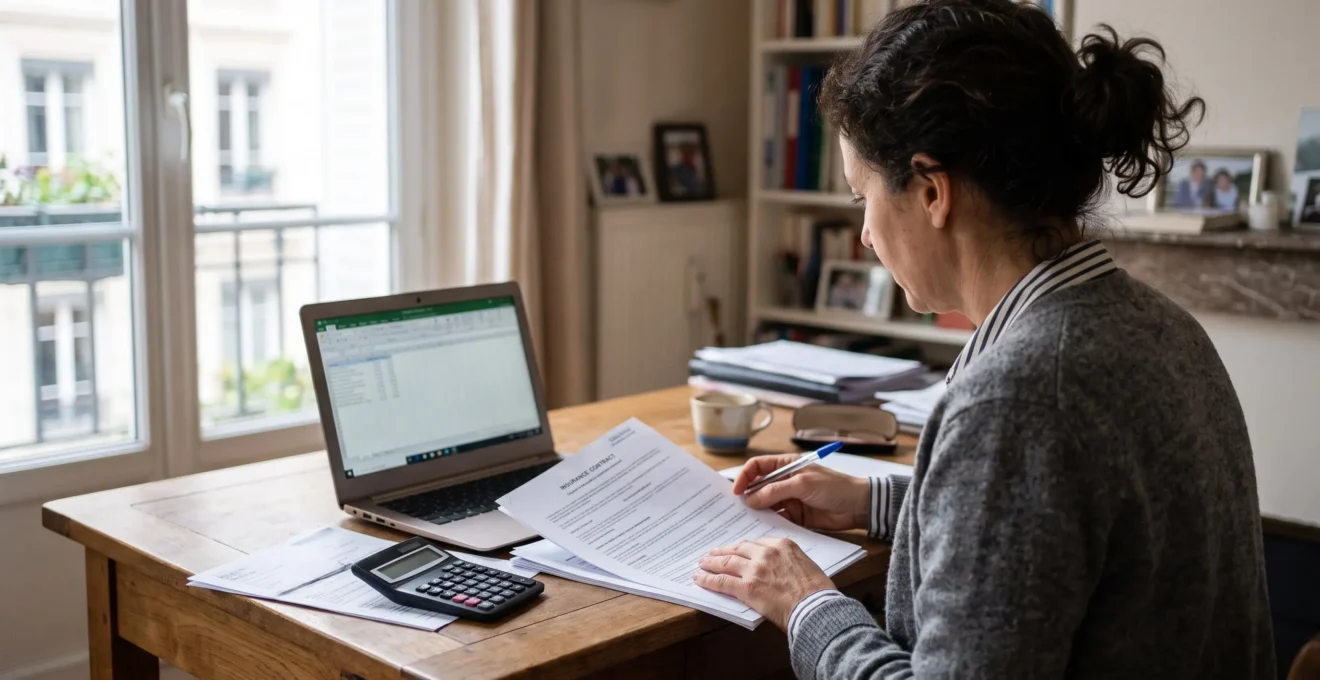 Une femme relit un contrat d'assurance à son bureau avec un stylo en main.