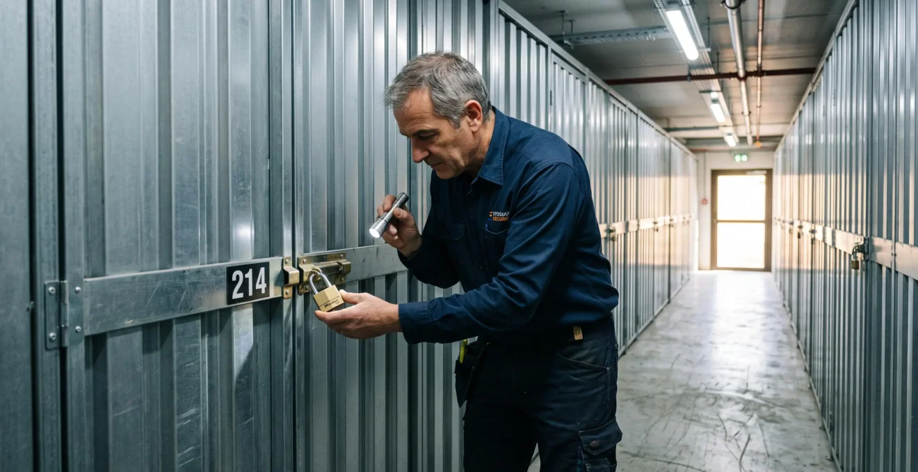 Un gestionnaire inspecte le cadenas d'une box dans un couloir de garde-meuble.