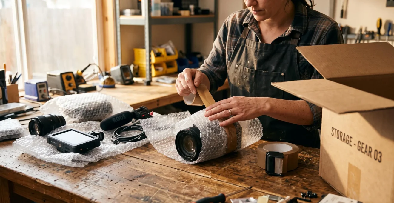 Des mains emballent du matériel professionnel dans du papier bulle avant stockage.